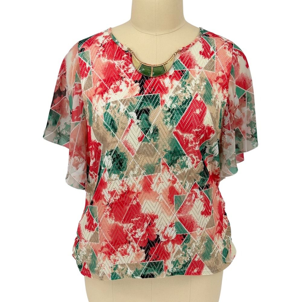 JM Collection Woman Blouse Red Green Geometric Floral Flutter Sleeve 2X
